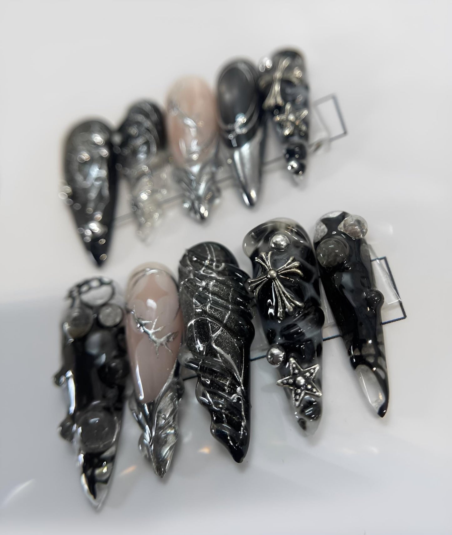 Black Silver Chrome Press On Nails Gothic False Nails 3D Cross Star Glue On Nails Edgy Punk Rock Nail Art Set