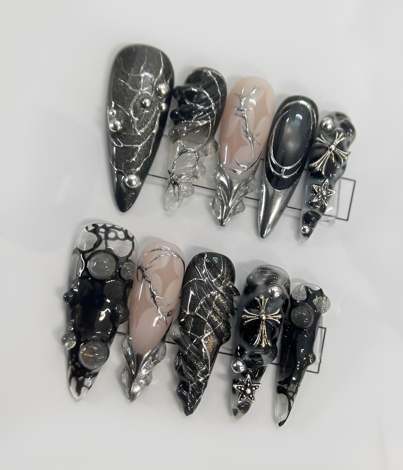 Black Silver Chrome Press On Nails Gothic False Nails 3D Cross Star Glue On Nails Edgy Punk Rock Nail Art Set