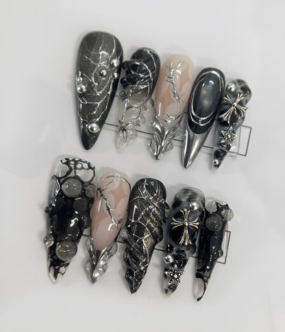 Black Silver Chrome Press On Nails Gothic False Nails 3D Cross Star Glue On Nails Edgy Punk Rock Nail Art Set