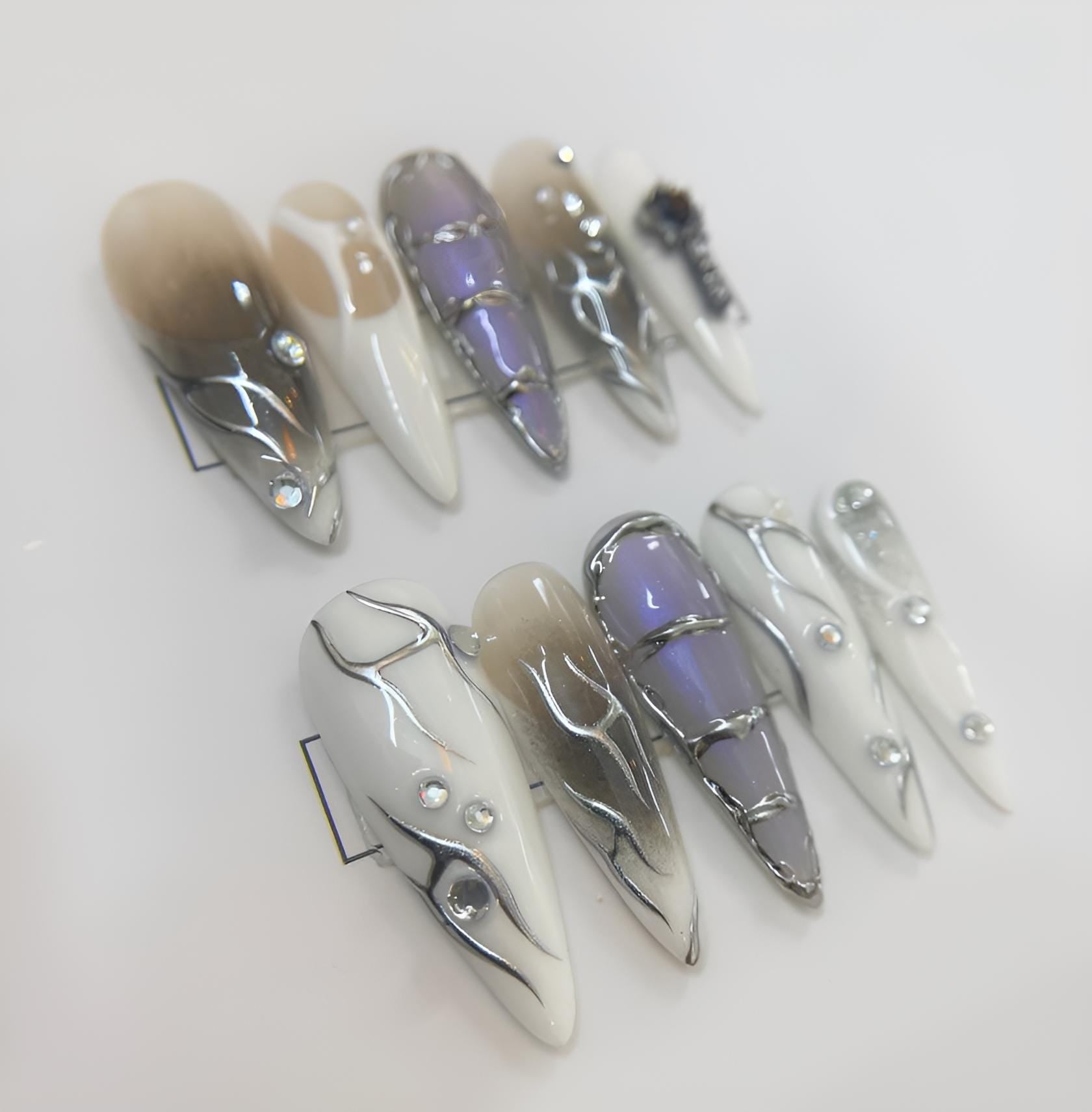 Silver Chrome Abstract Press On Nails Futuristic False Nails Gem Accent Glue On Nails Unique Modern Nail Art Set