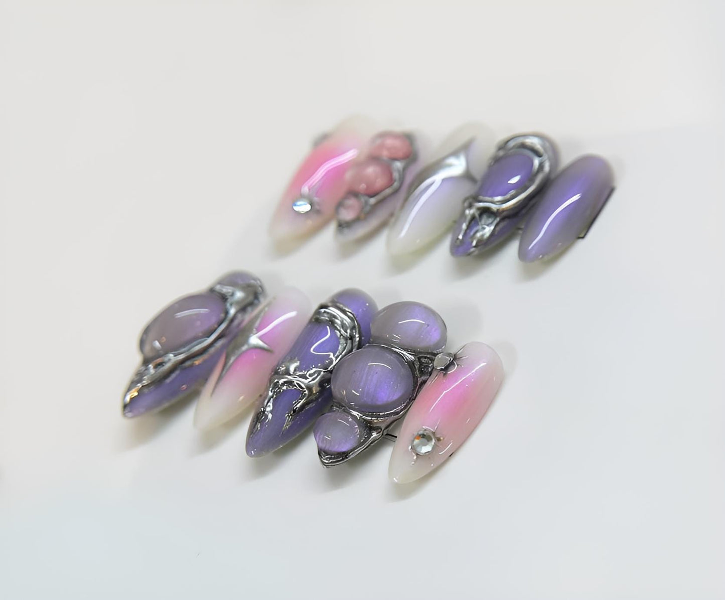 Lavender Pink Silver Abstract Press On Nails Elegant False Nails Gem Accent Glue On Nails Unique Modern Nail Set