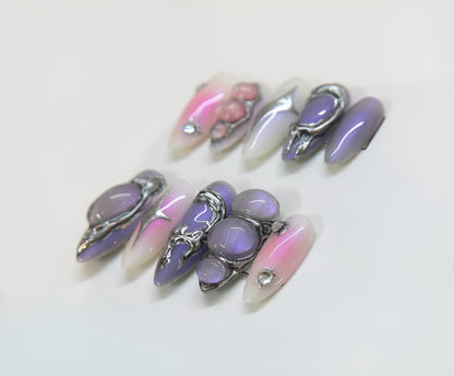 Lavender Pink Silver Abstract Press On Nails Elegant False Nails Gem Accent Glue On Nails Unique Modern Nail Set