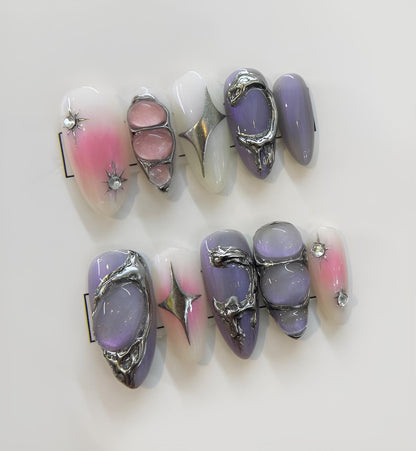 Lavender Pink Silver Abstract Press On Nails Elegant False Nails Gem Accent Glue On Nails Unique Modern Nail Set