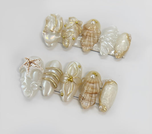 Ivory Gold Seashell Press On Nails Elegant Beach Theme False Nails 3D Shell Pearl Glue On Nails Chic Summer Nail Set