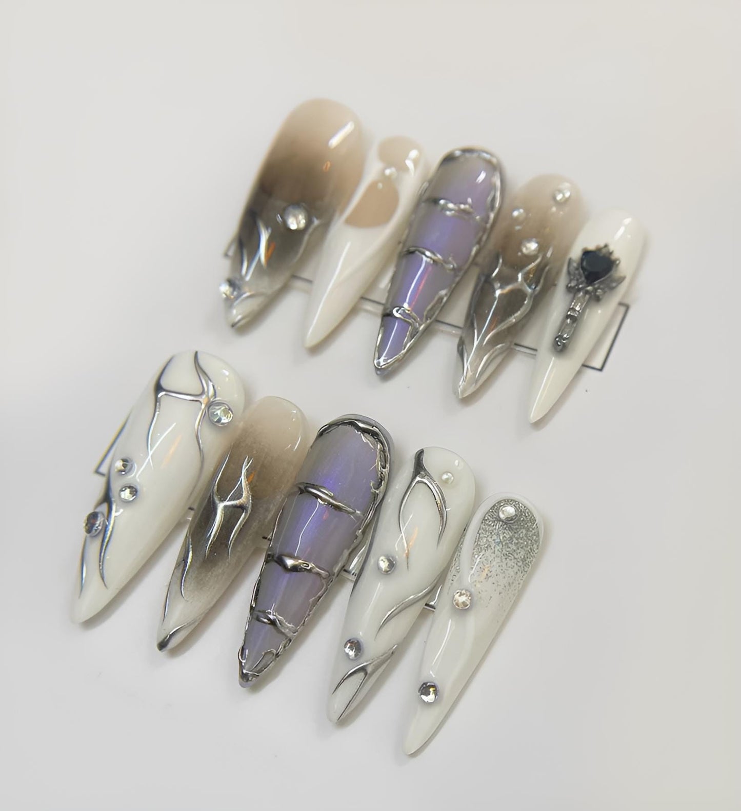 Silver Chrome Abstract Press On Nails Futuristic False Nails Gem Accent Glue On Nails Unique Modern Nail Art Set