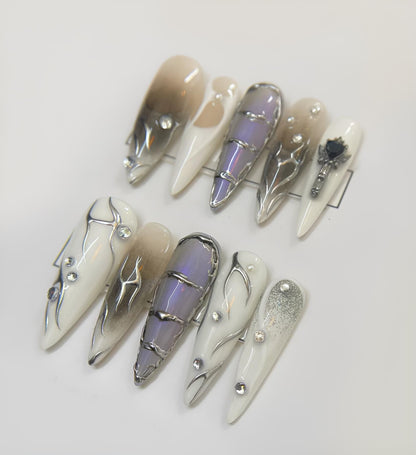 Silver Chrome Abstract Press On Nails Futuristic False Nails Gem Accent Glue On Nails Unique Modern Nail Art Set