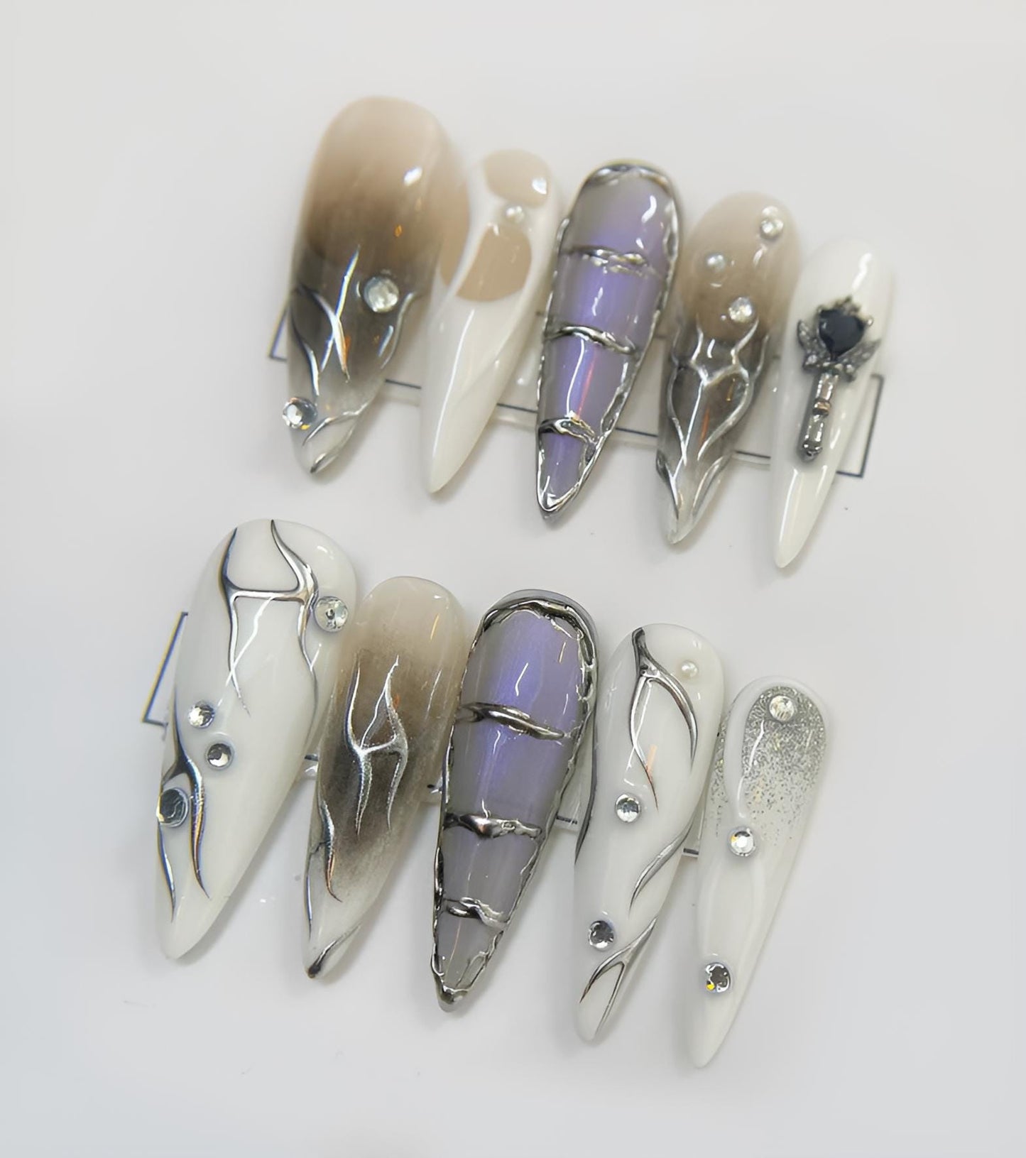 Silver Chrome Abstract Press On Nails Futuristic False Nails Gem Accent Glue On Nails Unique Modern Nail Art Set