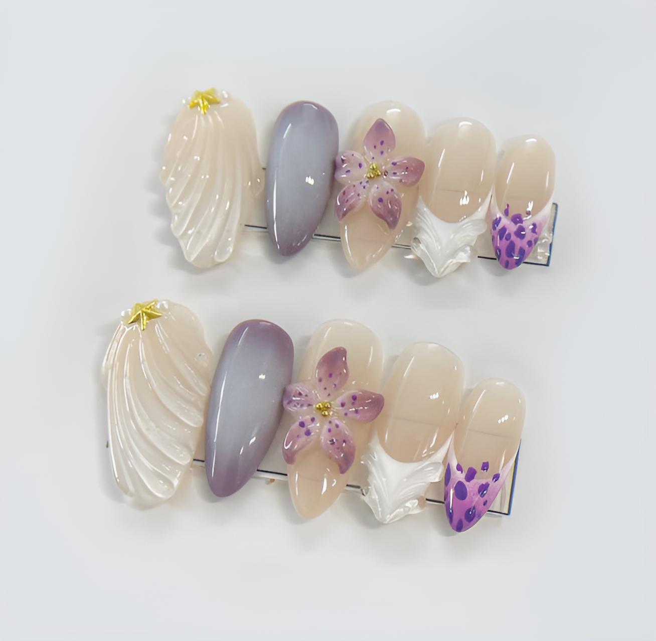 Purple White Floral Press On Nails Elegant False Nails Gold Star Accent Glue On Chic Spring Nail Set
