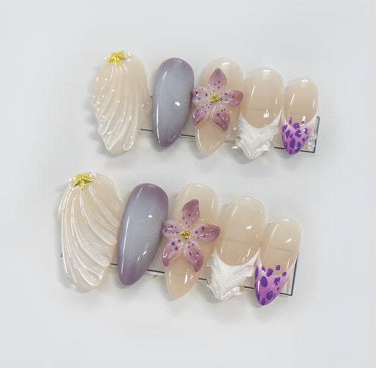 Purple White Floral Press On Nails Elegant False Nails Gold Star Accent Glue On Chic Spring Nail Set