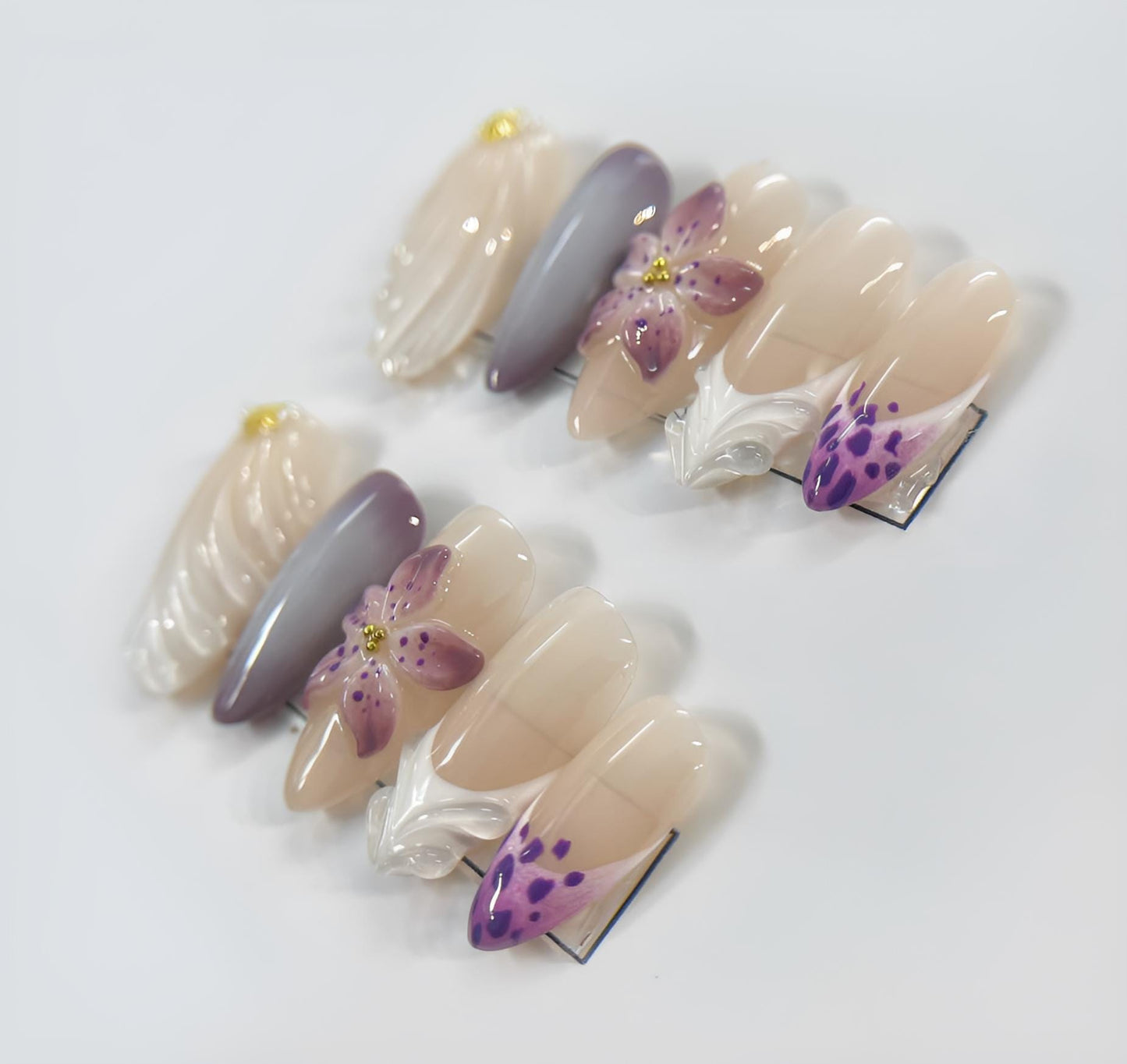 Purple White Floral Press On Nails Elegant False Nails Gold Star Accent Glue On Chic Spring Nail Set