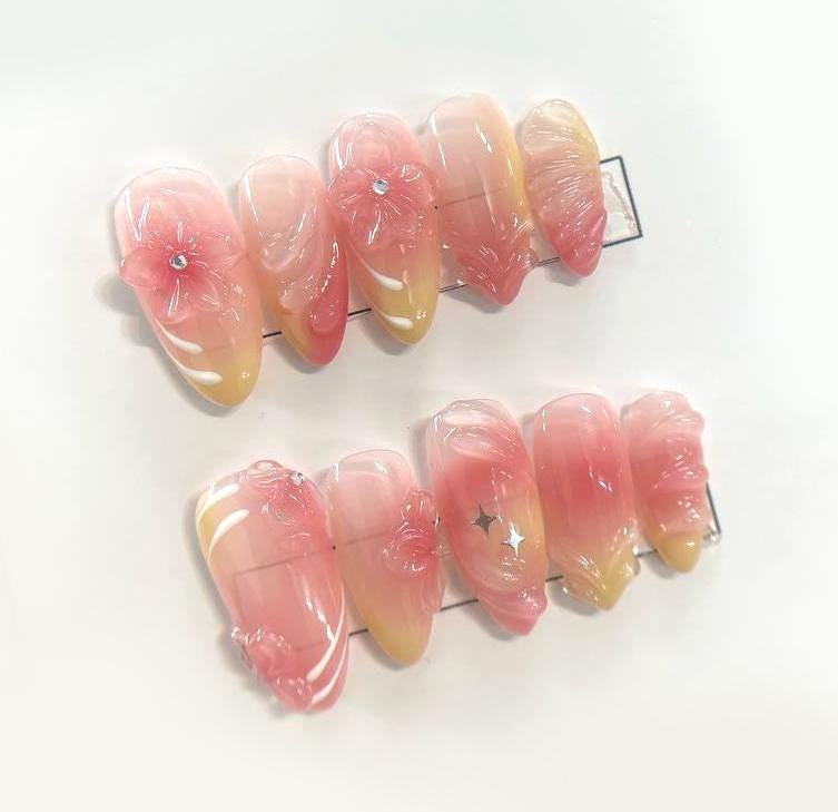 Summer Sherbet Flower Press On Nails Pastel Ombre False Nails Rhinestone Accent Glue On Sweet Nail Set