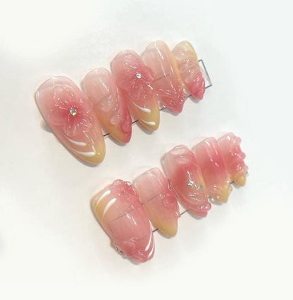 Summer Sherbet Flower Press On Nails Pastel Ombre False Nails Rhinestone Accent Glue On Sweet Nail Set