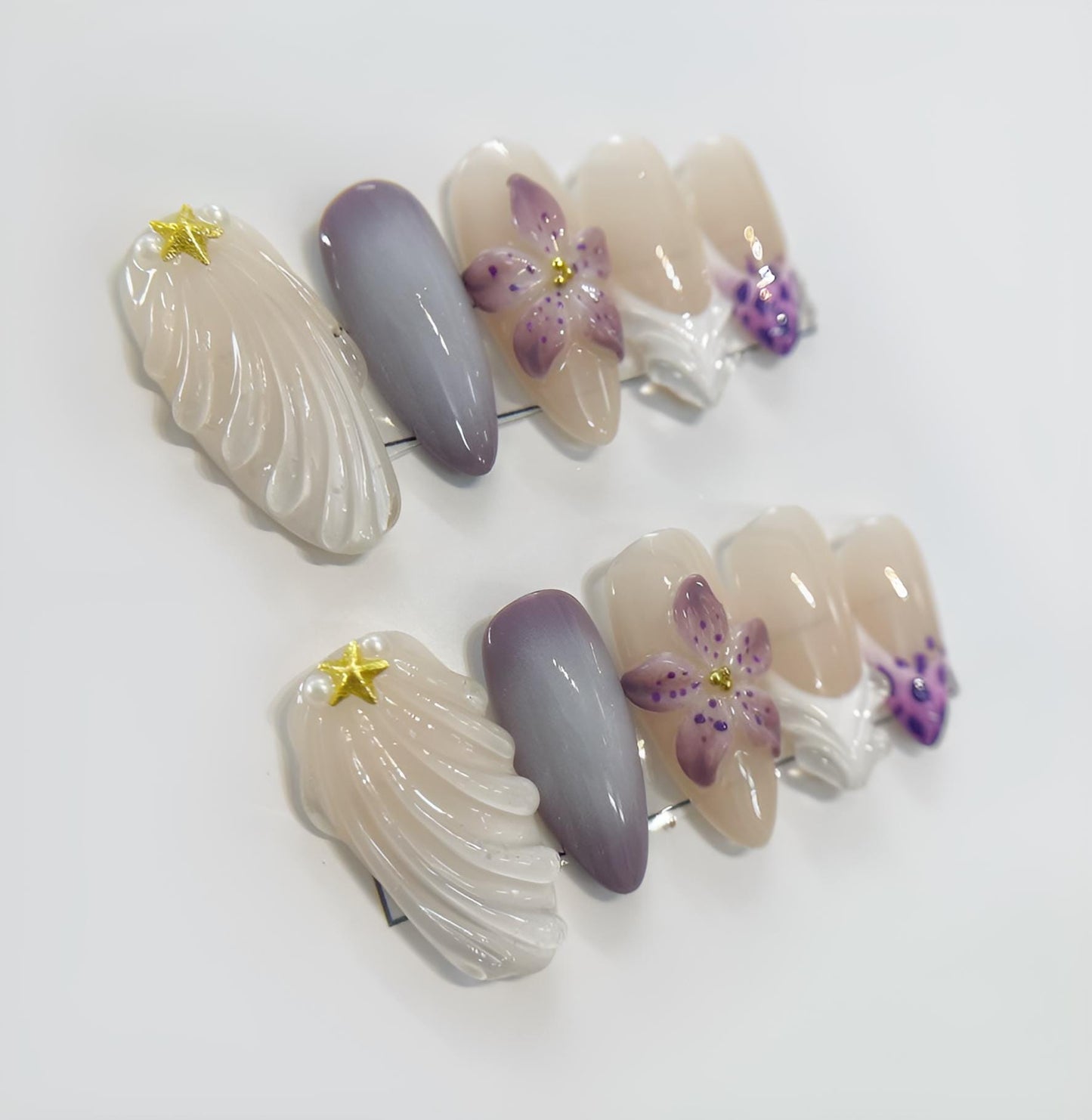 Purple White Floral Press On Nails Elegant False Nails Gold Star Accent Glue On Chic Spring Nail Set