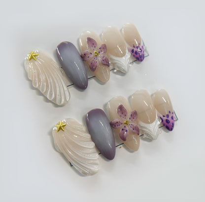 Purple White Floral Press On Nails Elegant False Nails Gold Star Accent Glue On Chic Spring Nail Set