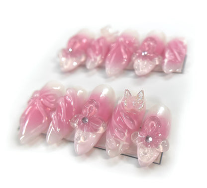 Pink White 3D Bow Flower Press On Nails Elegant False Nails Rhinestone Accent Glue On Girly Spring Nail Set