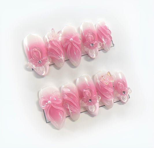 Pink White 3D Bow Flower Press On Nails Elegant False Nails Rhinestone Accent Glue On Girly Spring Nail Set