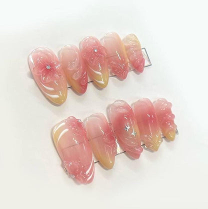Summer Sherbet Flower Press On Nails Pastel Ombre False Nails Rhinestone Accent Glue On Sweet Nail Set
