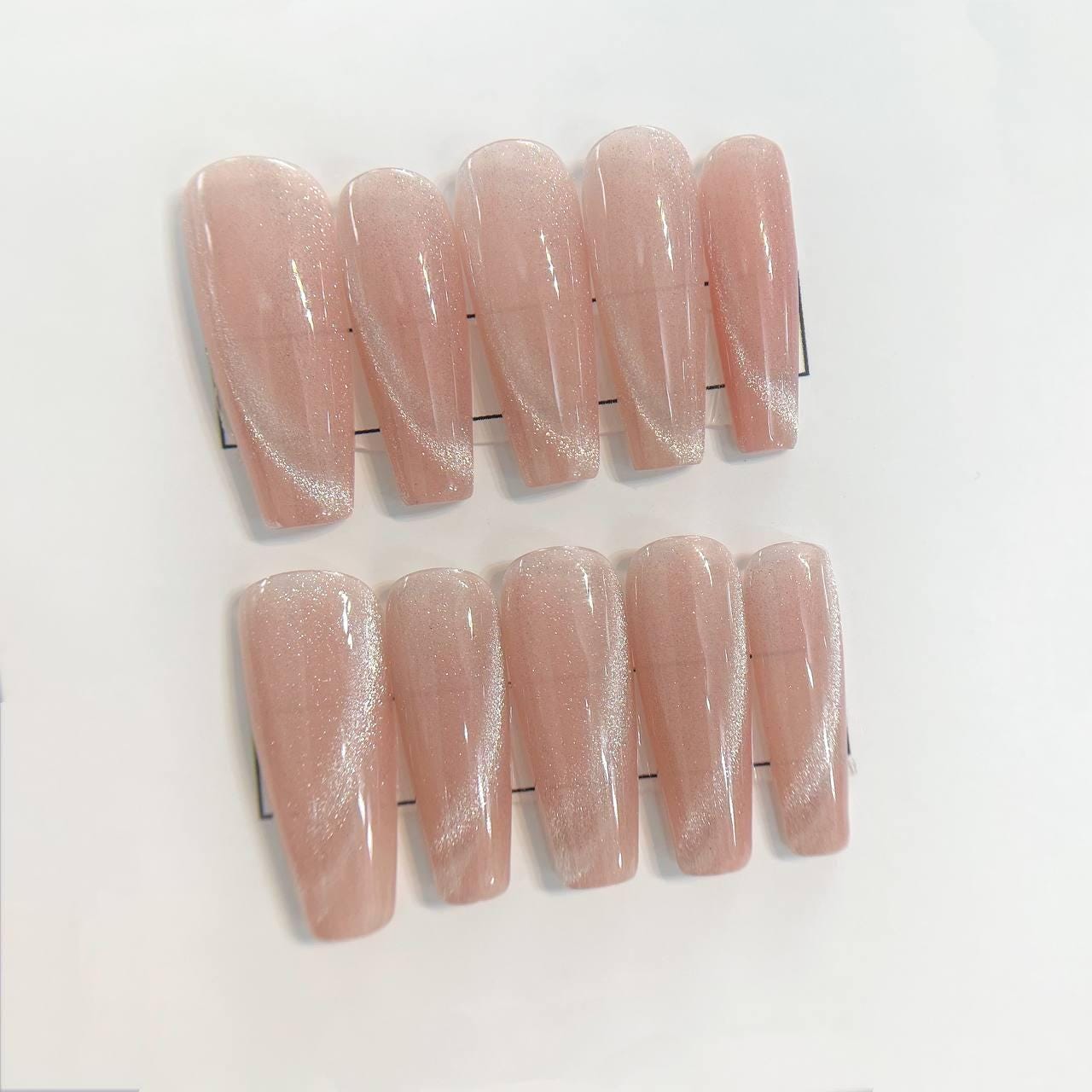 Nude Pink Glitter Cat Eye Press On Nails Long Coffin Magnetic Effect False Nails Elegant Salon Quality