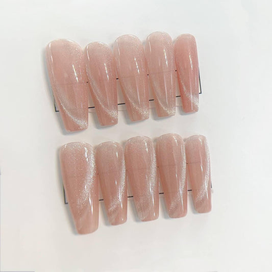 Nude Pink Glitter Cat Eye Press On Nails Long Coffin Magnetic Effect False Nails Elegant Salon Quality