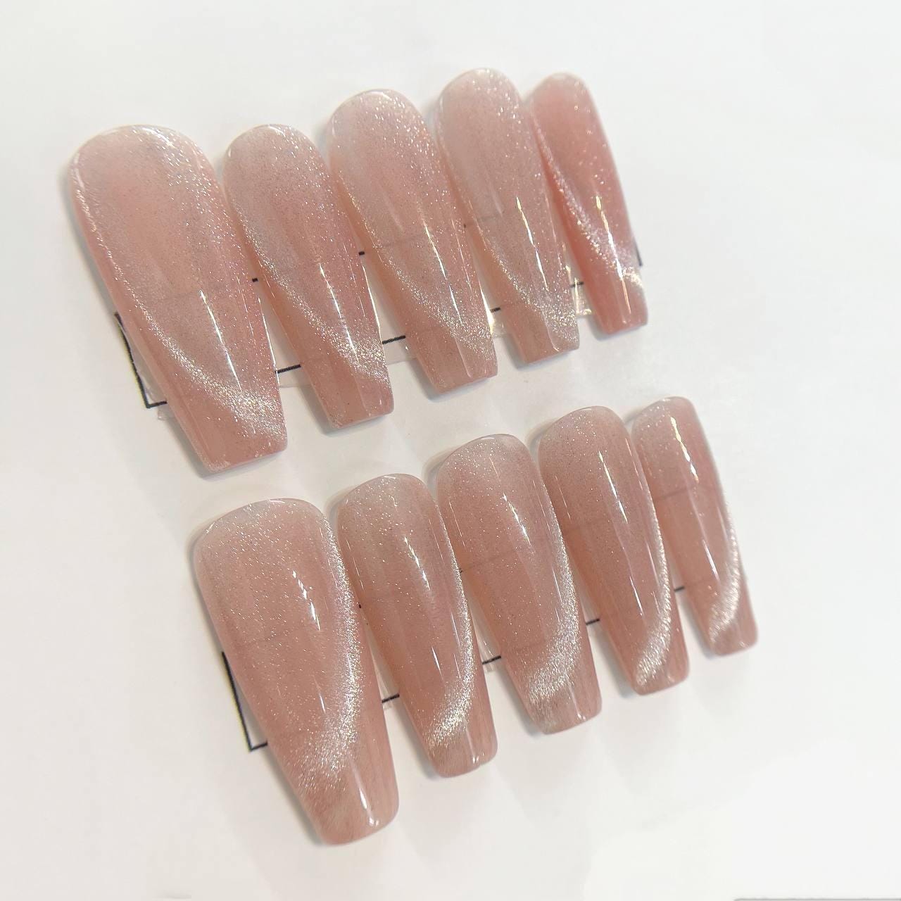 Nude Pink Glitter Cat Eye Press On Nails Long Coffin Magnetic Effect False Nails Elegant Salon Quality