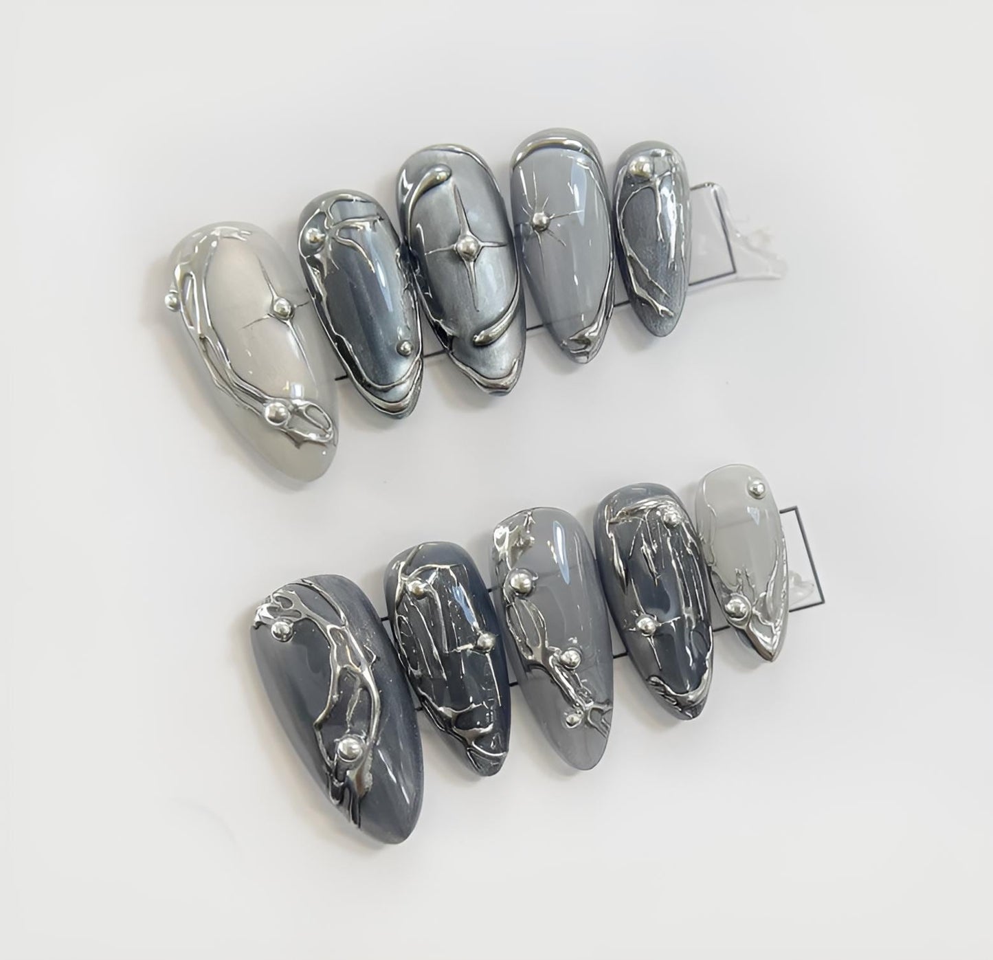 Cyberpunk Nightfall Vibe Press On Nails Dark Metallic Geometric Accent | Dark Futuristic Press Ons Geometric Metallic Accent Cyber Nightfall