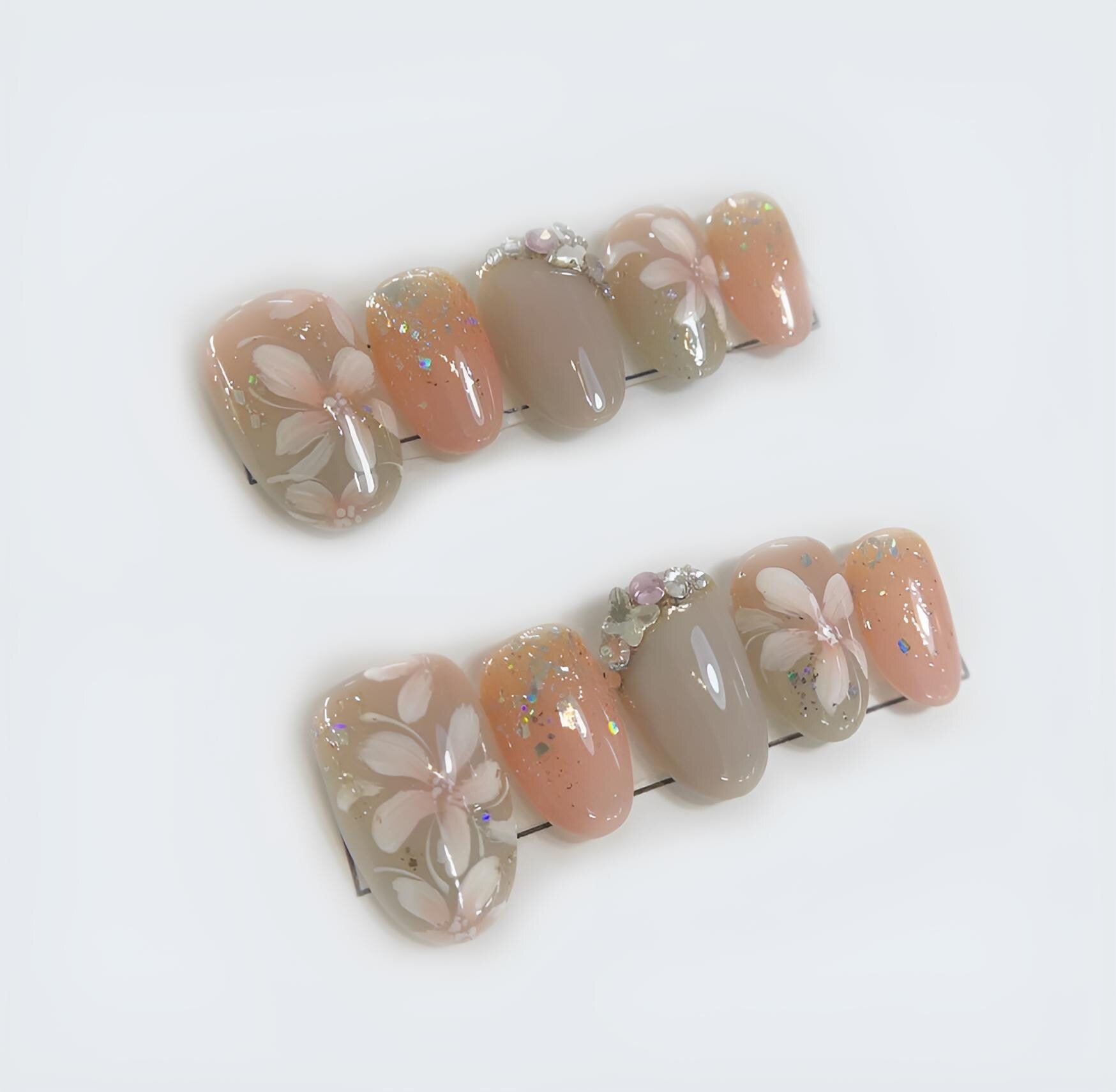 Pink Flower Press On Nails White Cherry Blossom Design Cute Japanese Style | Cute Pink Flower Press Ons White Cherry Blossom Art