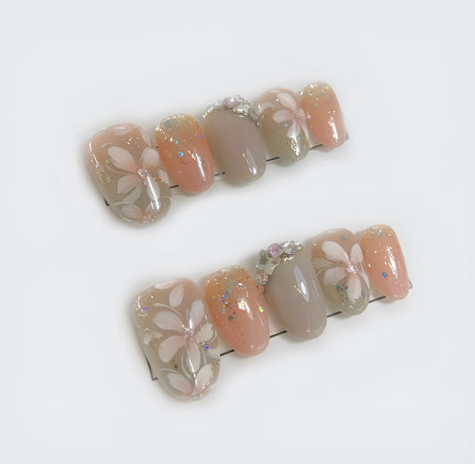 Pink Flower Press On Nails White Cherry Blossom Design Cute Japanese Style | Cute Pink Flower Press Ons White Cherry Blossom Art