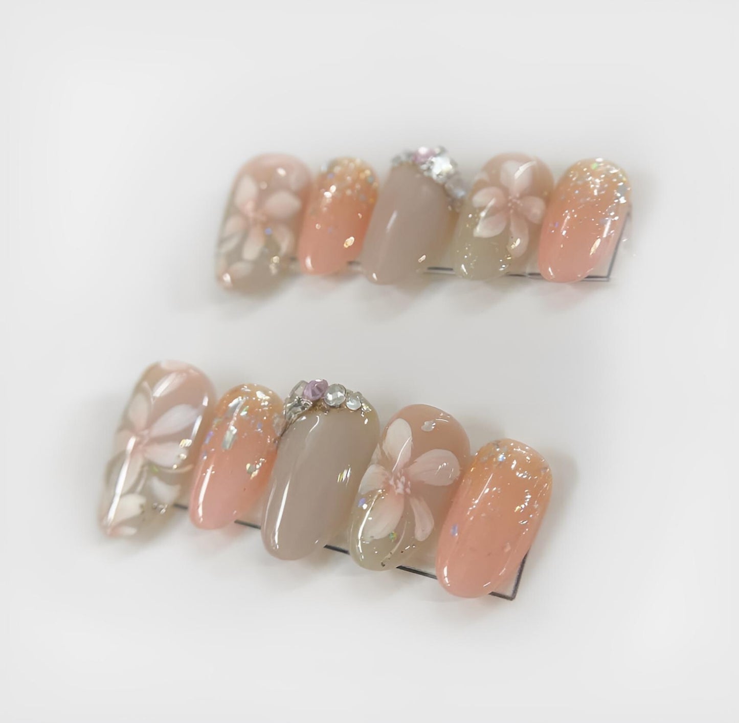 Pink Flower Press On Nails White Cherry Blossom Design Cute Japanese Style | Cute Pink Flower Press Ons White Cherry Blossom Art