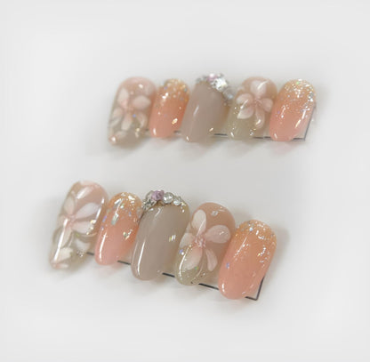 Pink Flower Press On Nails White Cherry Blossom Design Cute Japanese Style | Cute Pink Flower Press Ons White Cherry Blossom Art