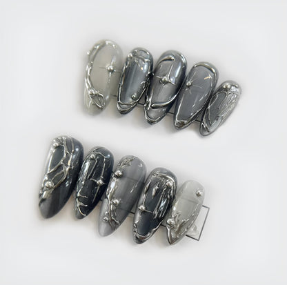 Cyberpunk Nightfall Vibe Press On Nails Dark Metallic Geometric Accent | Dark Futuristic Press Ons Geometric Metallic Accent Cyber Nightfall