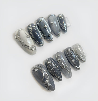 Cyberpunk Nightfall Vibe Press On Nails Dark Metallic Geometric Accent | Dark Futuristic Press Ons Geometric Metallic Accent Cyber Nightfall