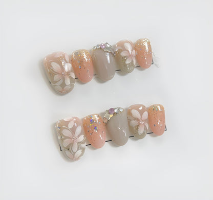 Pink Flower Press On Nails White Cherry Blossom Design Cute Japanese Style | Cute Pink Flower Press Ons White Cherry Blossom Art