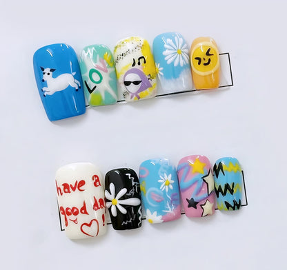 GDragon - Unique Cartoon Flower Nails Art - G-Dragon Fun Press On Nails Designs with Diverse Patterns & Vibrant Colors - Goat - Summer nails