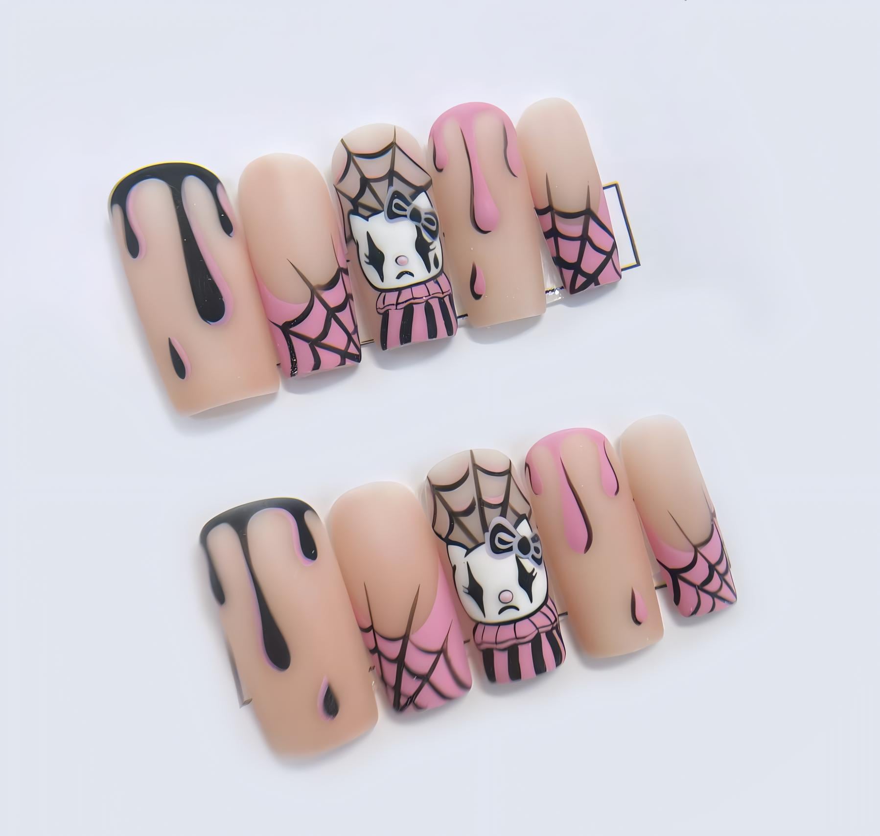 Halloween Pink Drip Press On Nails Spider Web Clown Cat - Halloween Hello Kitty Cartoon Style - Spider Web Halloween Theme