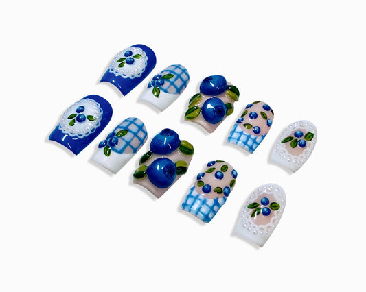 Blueberries Gingham Press On Nails Cottagecore Fruit Nails - Blueberry Press On Nail Blue Design