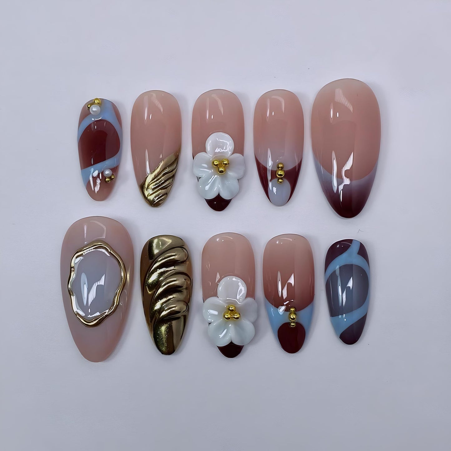 Elegant Press On Nails with 3D Flower and Gold Accent Unique -  Abstract Modern Press On Nail