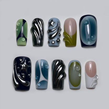 3D Liquid Swirl Press On Nail Abstract Elegant Silver Chrome - Press On Nails 3D Drops Silver Accents - Blue aqua