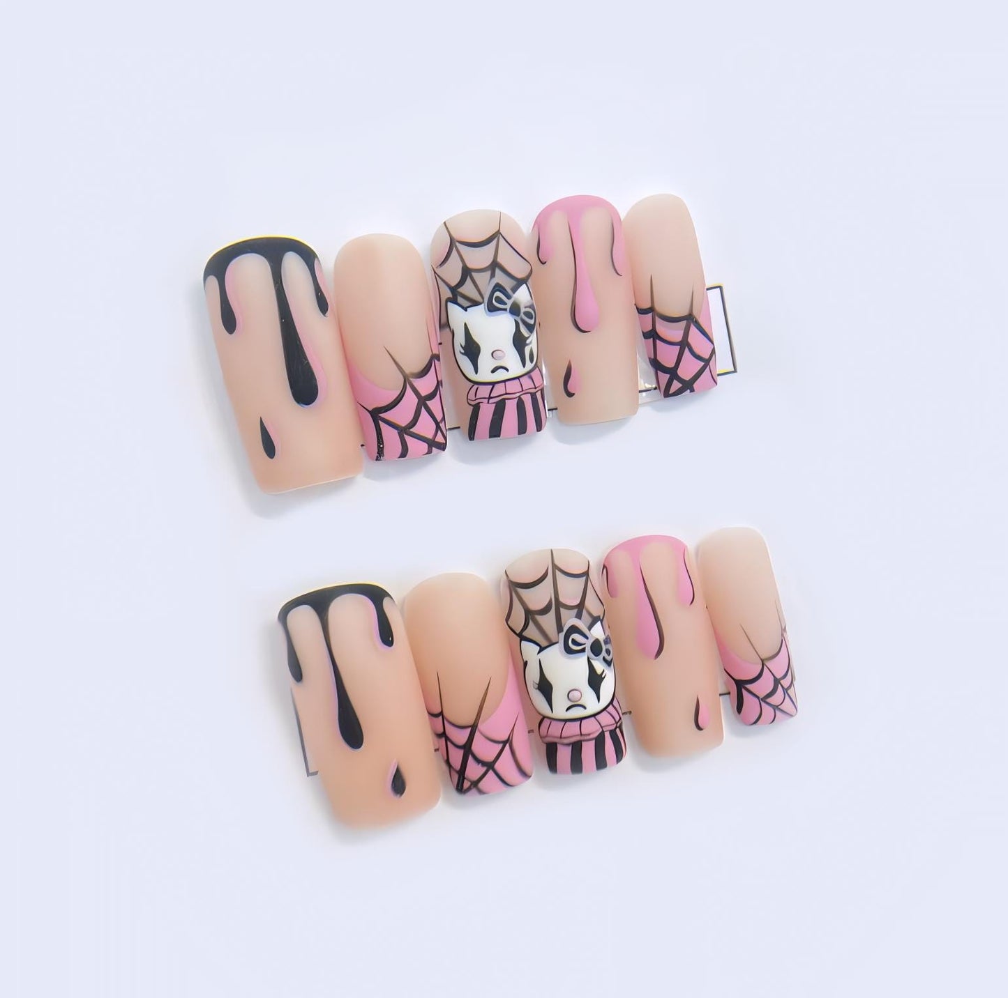 Halloween Pink Drip Press On Nails Spider Web Clown Cat - Halloween Hello Kitty Cartoon Style - Spider Web Halloween Theme