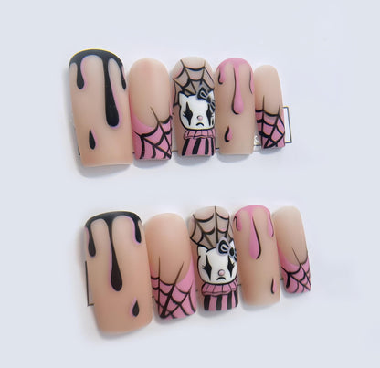 Halloween Pink Drip Press On Nails Spider Web Clown Cat - Halloween Hello Kitty Cartoon Style - Spider Web Halloween Theme