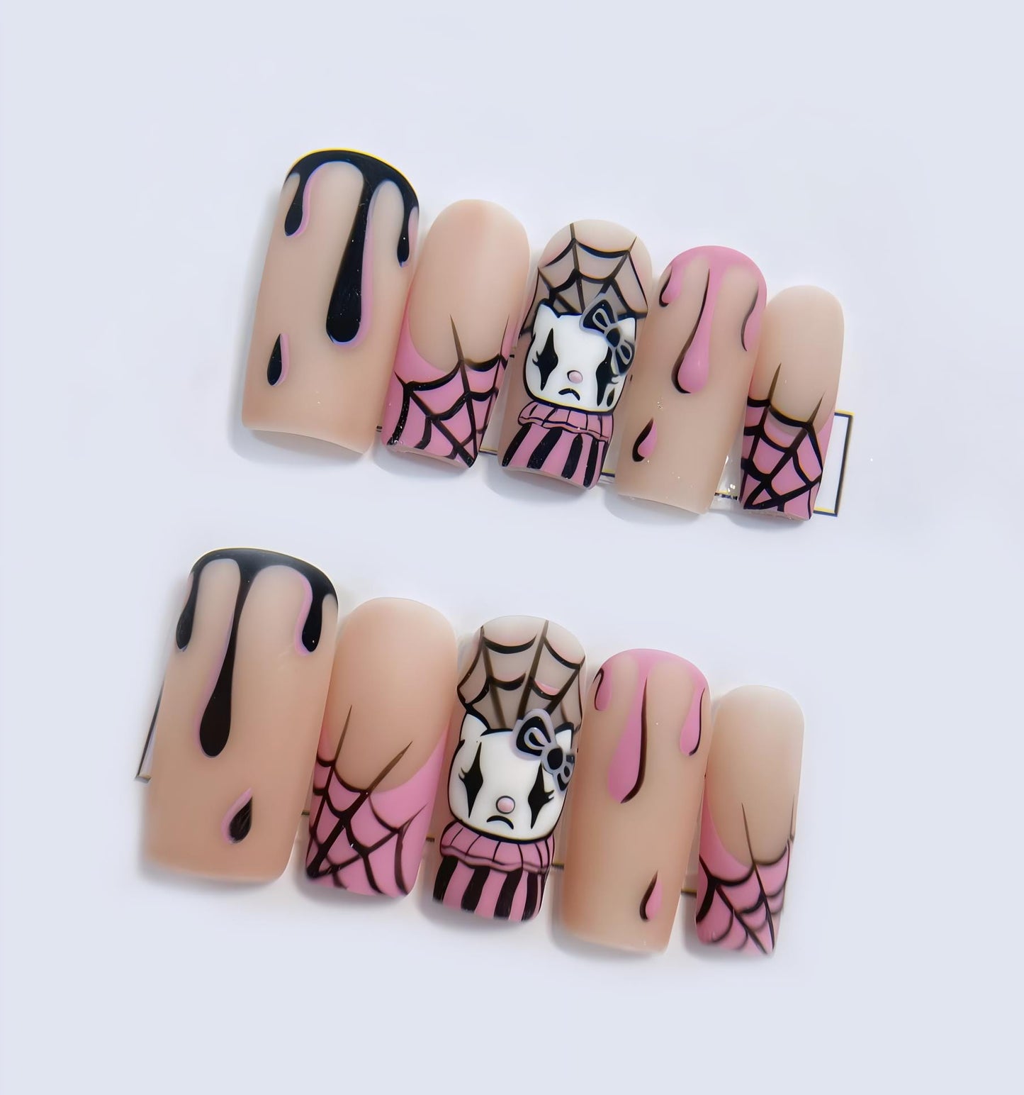 Halloween Pink Drip Press On Nails Spider Web Clown Cat - Halloween Hello Kitty Cartoon Style - Spider Web Halloween Theme