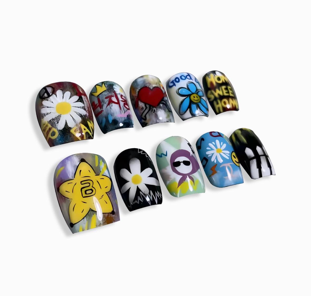 G-Dragon Press on nails cute design | Summer press on nails | Almond Bow Press Ons Elegant Gdragon Cute Design - Graffiti Art Street Style