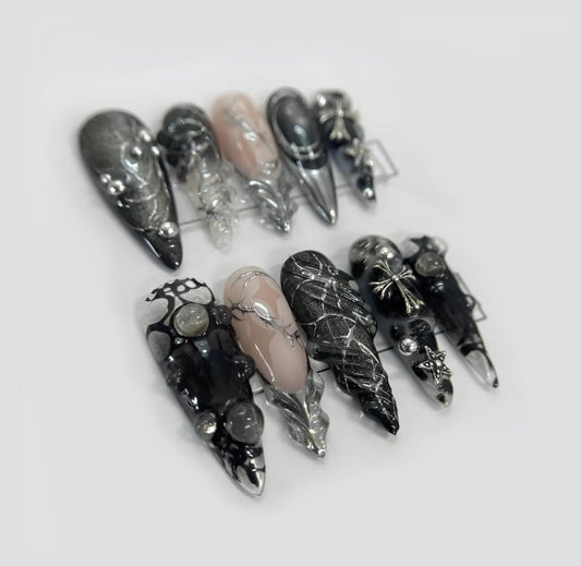 Black Silver Chrome Press On Nails Gothic False Nails 3D Cross Star Glue On Nails Edgy Punk Rock Nail Art Set