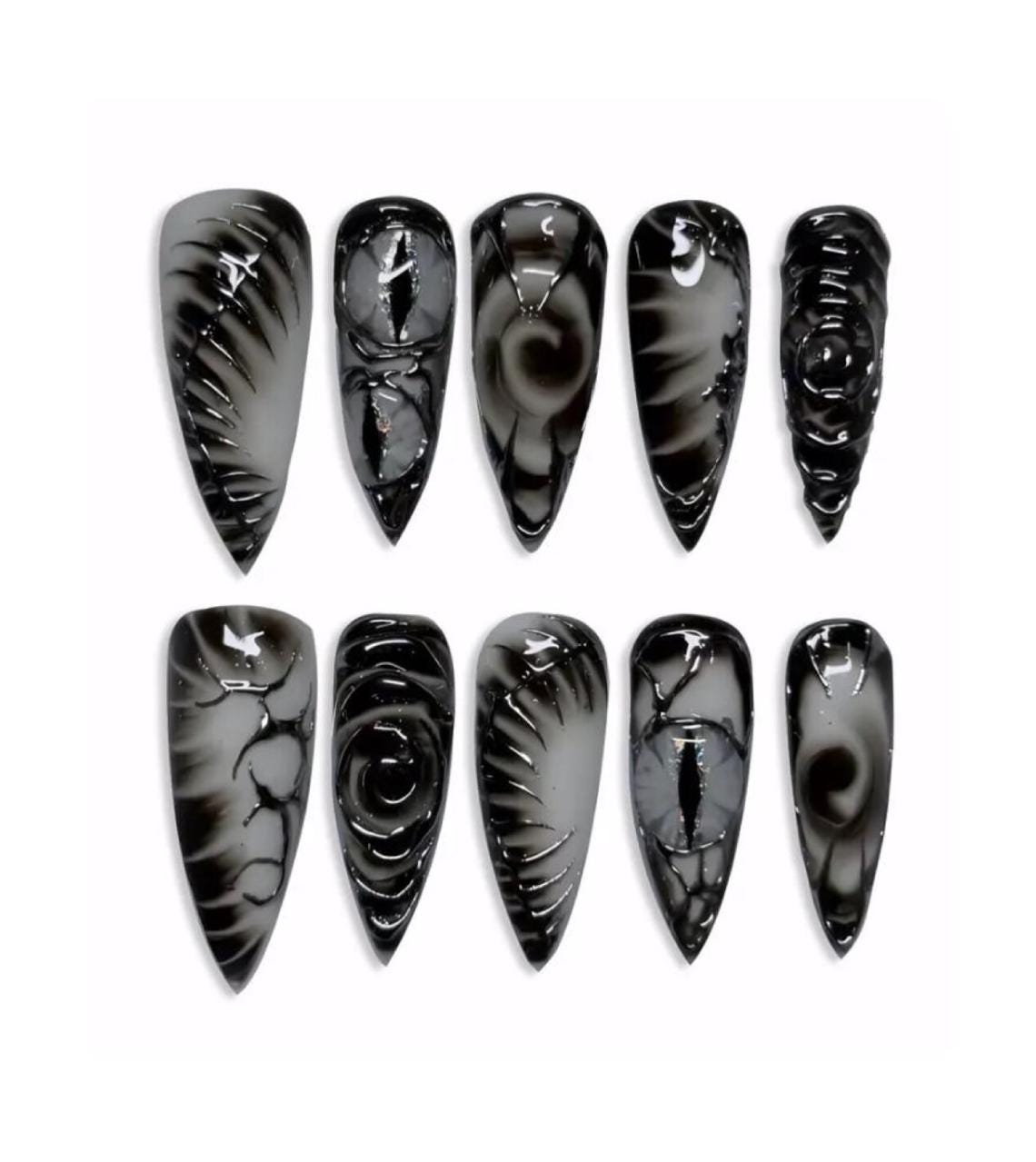 Gothic Black Dragon Eye Press On Nails Reusable Long Stiletto Style - Edgy Black Cat Eye Press On Nail Long Stiletto Gothic Style - Y2K