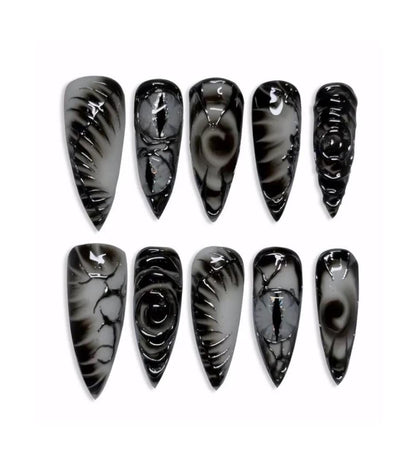 Gothic Black Dragon Eye Press On Nails Reusable Long Stiletto Style - Edgy Black Cat Eye Press On Nail Long Stiletto Gothic Style - Y2K
