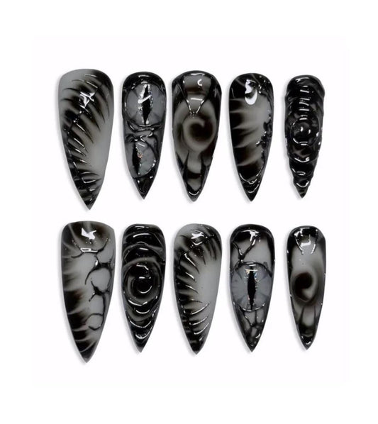 Gothic Black Dragon Eye Press On Nails Reusable Long Stiletto Style - Edgy Black Cat Eye Press On Nail Long Stiletto Gothic Style - Y2K